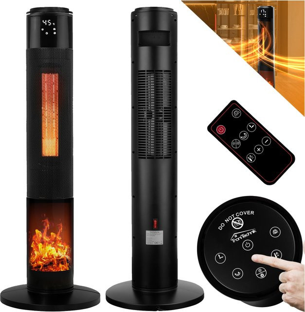 Tronitechnik PTC Turmheizer Keramikheizer Elektrokamin mit Kaminfeuer-Effekt, 2000 Watt, Schwarz - Bild 1