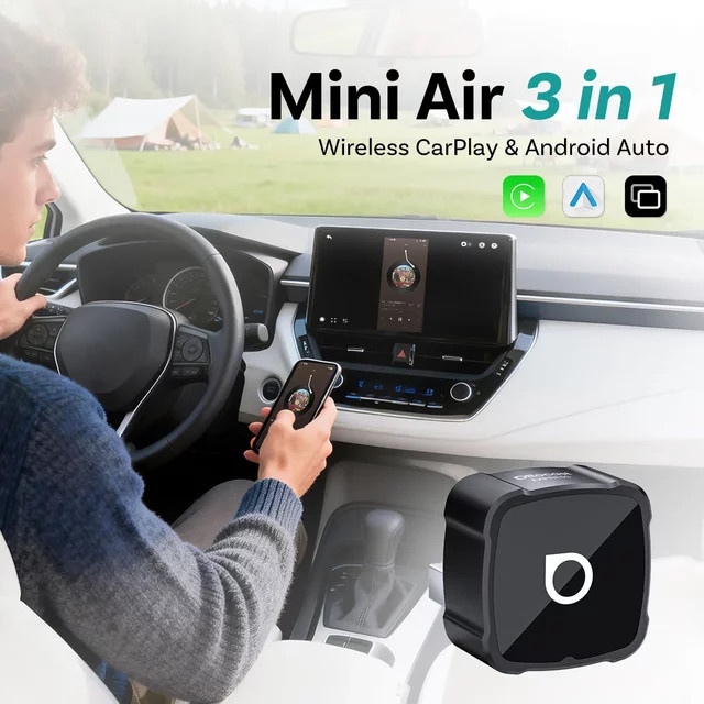 OTTOCAST 3-in-1 Mini Air Wireless Adapter für Android Auto, CarPlay und AirPlay Mirroring in Schwarz mit USB-A und USB-C Anschlüssen - Bild 1