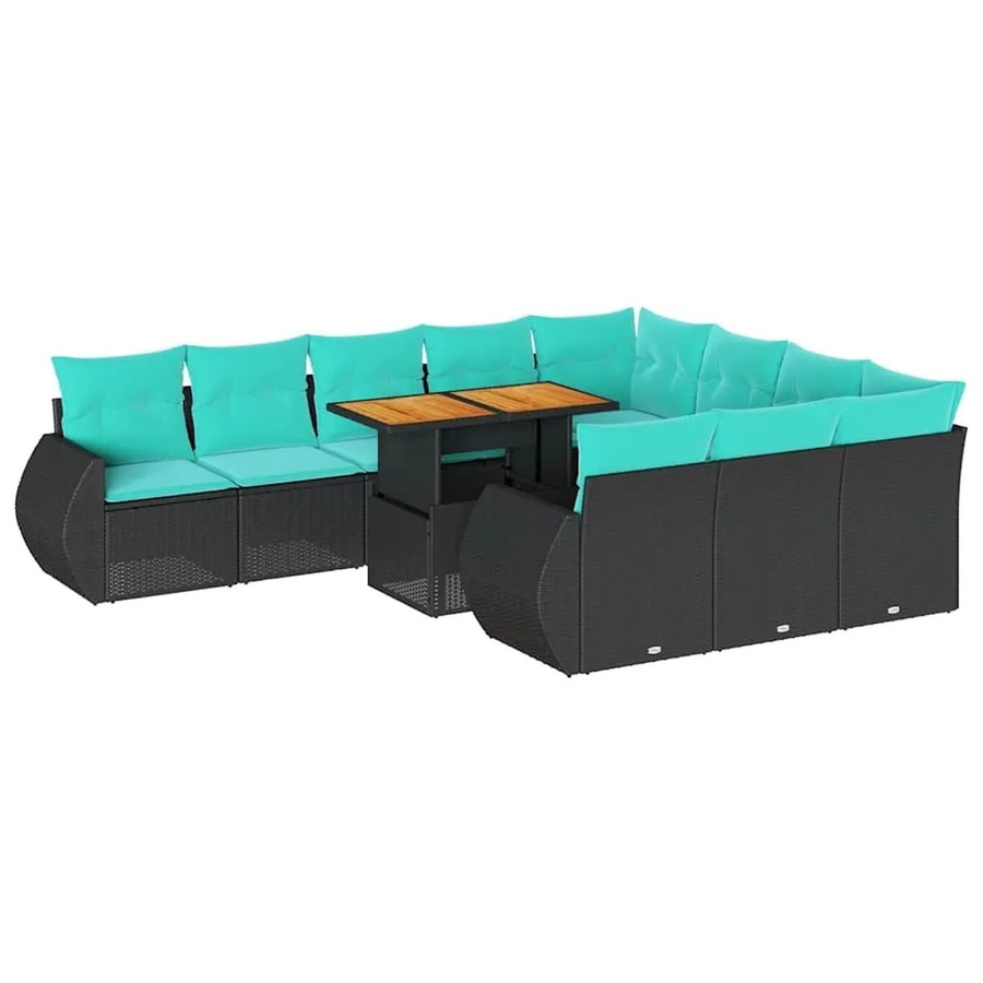 vidaXL 11-teilige Garten-Sofagarnitur aus Poly-Rattan und Akazienholz in Schwarz mit blauen Kissen - Bild 2
