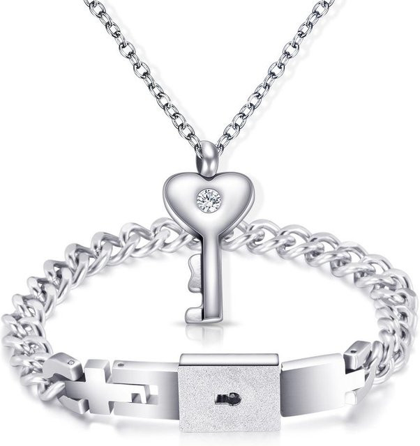 Wucifang Jewelry Armband Halskette, Herz Schloss, Titan, Weiß, Zirkonia, Damen - Bild 1