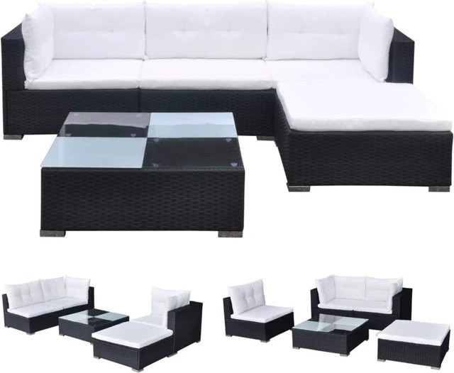 vidaXL 5-tlg Garten-Lounge-Set in L-Form aus Poly Rattan mit Auflagen und pulverbeschichtetem Stahlrahmen, Schwarz - Bild 1