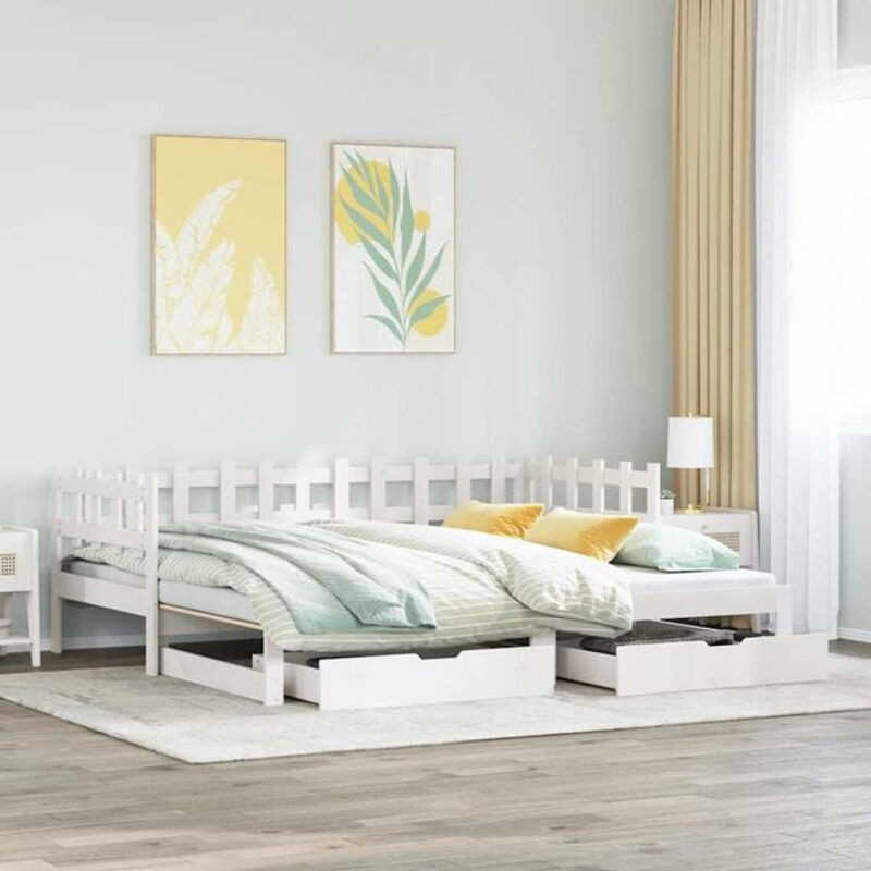 vidaxl Ausziehbares Tagesbett aus Kiefer Massivholz im Landhausstil mit Schubladen Weiß B: 80 cm, L: 200 cm - Bild 1