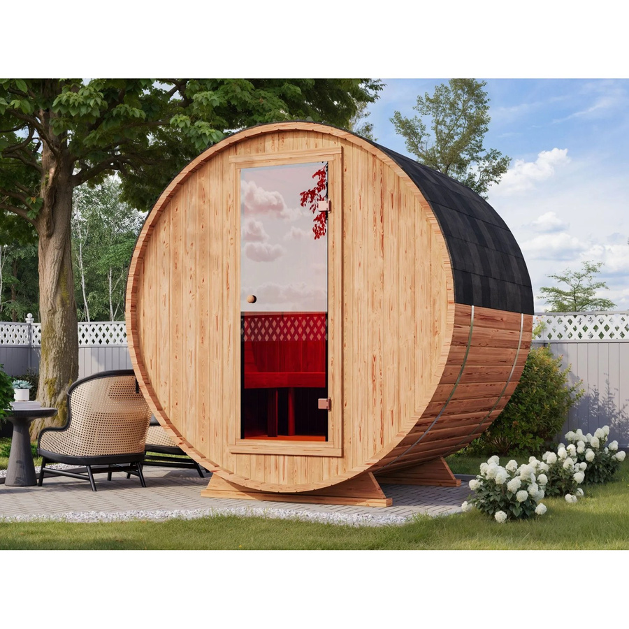 Fjordholz Fass-Sauna Modell Mini Luxe aus Thermoholz in Braun - Bild 2