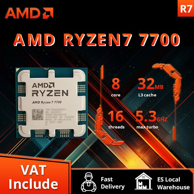 AMD Ryzen 7 7700 Prozessor mit 8 Kernen und 4,5 GHz, AM5 Sockel, 32 MB L3 Cache, Silber - Bild 1