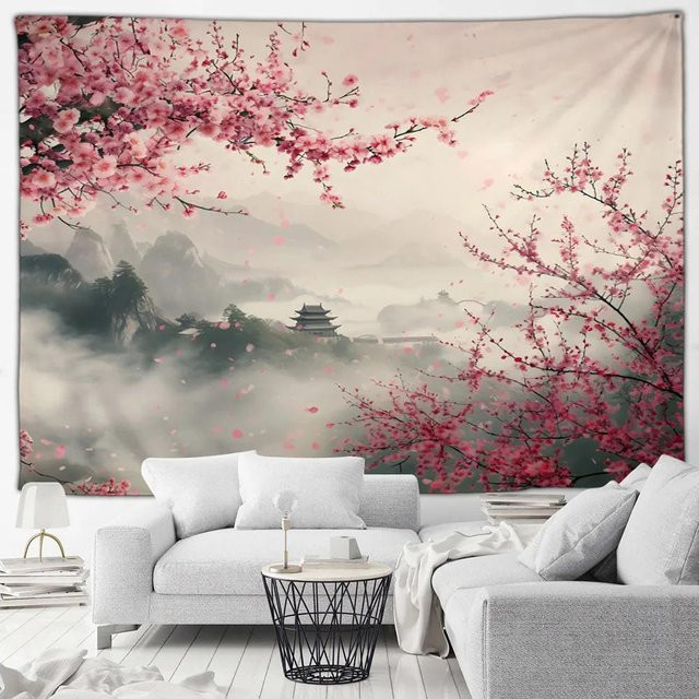 Japanischer Wandteppich mit Kirschblüten und Nebellandschaft in Pink von JMG Household Supplies, Breite: 40 cm, Höhe: 60 cm - Bild 1