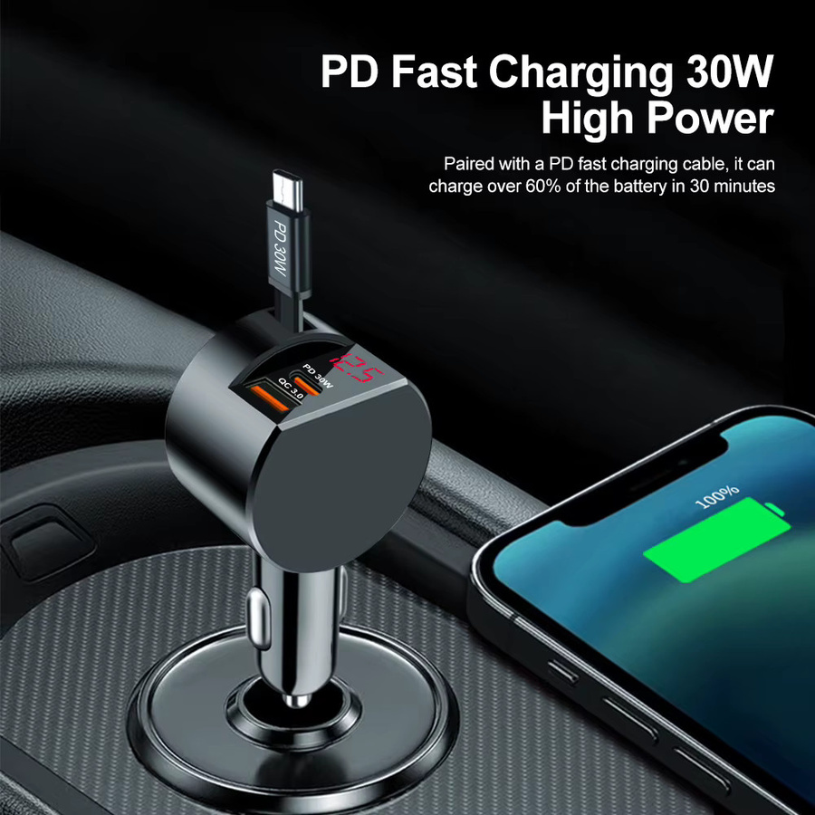 KEBETEME 3-in-1 Einziehbares Autoladegerät mit 30W PD30W Schnellladung, USB QC3.0 und Typ-C, Schwarz mit Spannungsanzeige - Bild 2