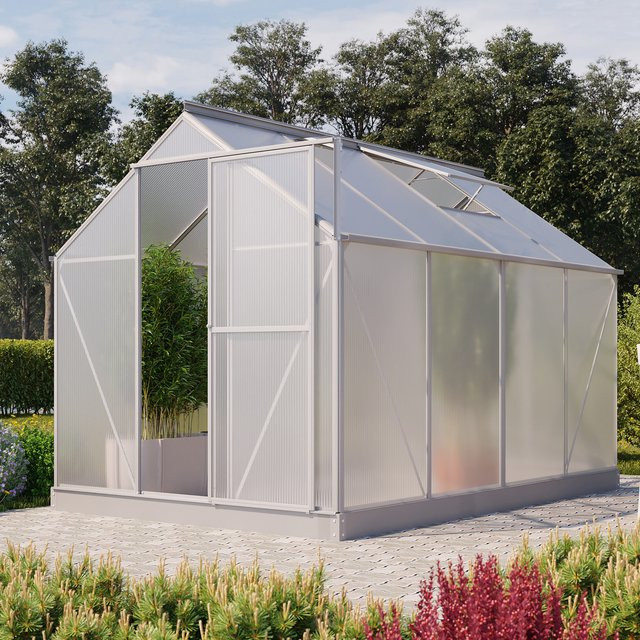 Vitavia Gewächshaus Eos 6000 in Silber mit Aluminiumrahmen, 6,0 m², Polycarbonat-Hohlkammerplatten, Schwingtür, Dachfenster, Regenrinne und Stahlfundamentrahmen - Bild 1