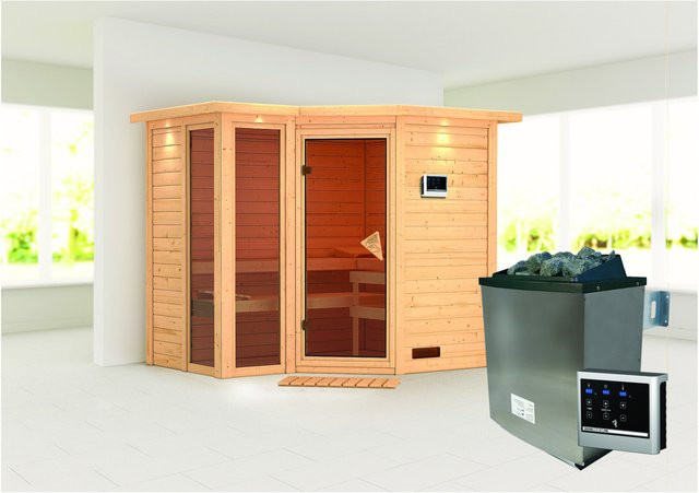 Karibu Massivholzsauna Amalia aus Fichte mit 9,0 kW Ofen, externem LED-Steuergerät und Dachkranz in Natur, B: 236 cm, T: 184 cm - Bild 1