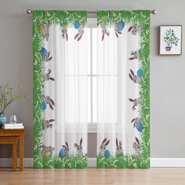 A Family Of Home Textiles Ostern Tüllvorhang mit Gras, Bunny und Eiern für Wohnzimmer, Küche und Schlafzimmer, B: 135 cm, H: 114 cm - Bild 1