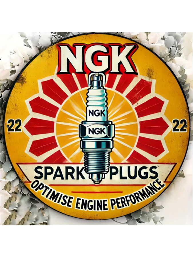 NGK Zündkerze Wandkunst Dekoration aus Aluminium in Orange, rundes Vintage Metallschild für Garage und Küche, Durchmesser: 20 cm - Bild 6