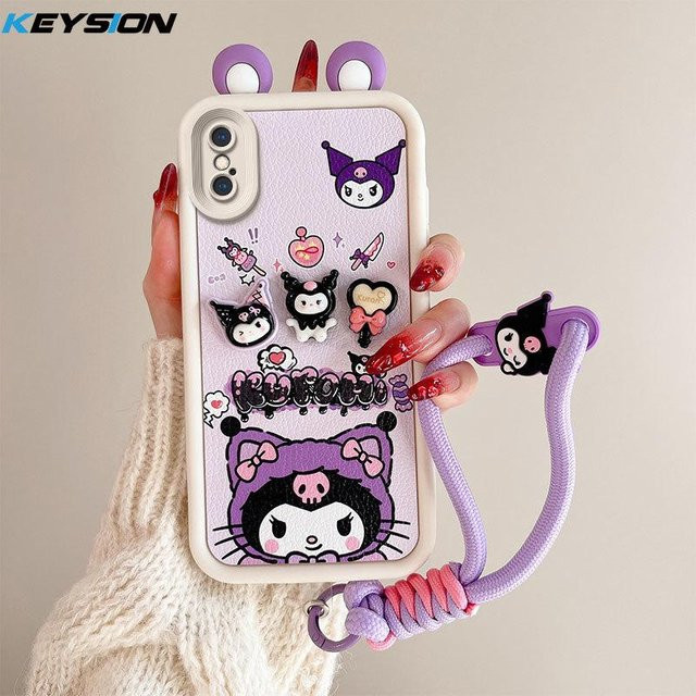 KEYSION 3D Cartoon Handyhülle mit niedlichen Ohren und Armband aus weichem Silikon für iPhone XS Max, iPhone X und iPhone XR in Lila - Bild 1