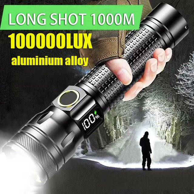 Mikenoon Wiederaufladbare LED-Taschenlampe aus Aluminiumlegierung in Schwarz mit Leistungsanzeige und wasserdichter Camping-Laternen-Funktion - Bild 1