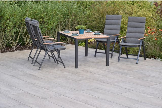 Merxx Tinos Gartenmöbel Set 9-teilig mit Tisch und Kissen aus Akazienholz und Aluminium in Anthrazit und Grau, Tisch B: 150 cm, T: 90 cm - Bild 1