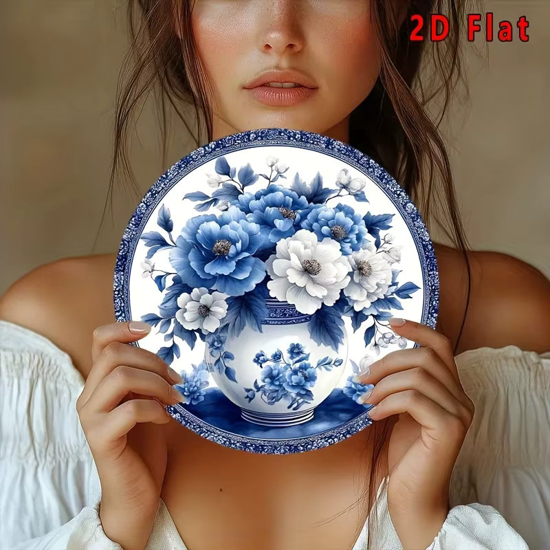Potdemiel Wanddekoration Porzellan-Thema in Blau und Weiß, runde Metall-Wandplatte mit floralem Design, Durchmesser: 20,32 cm - Bild 5