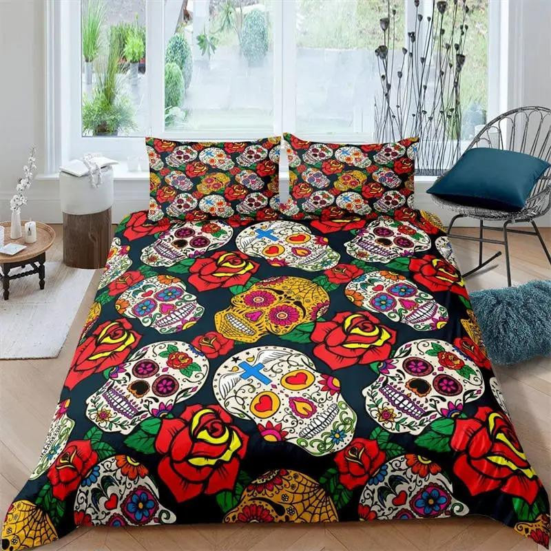 Zucker Totenkopf Bettwäsche-Set mit floralem Skelett-Design, Mehrfarbig, Material: Mikrofaser/Polyester, Set bestehend aus Bettbezug und Kissenbezügen - Bild 1