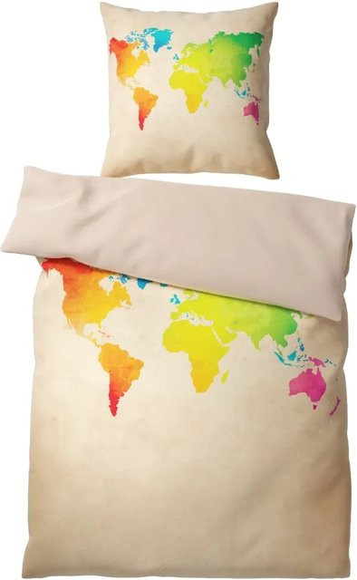 Sanilo Bettwäsche 2-teilig International Map aus Baumwolle, beige, B/H: 135 x 200 cm und 80 x 80 cm - Bild 1