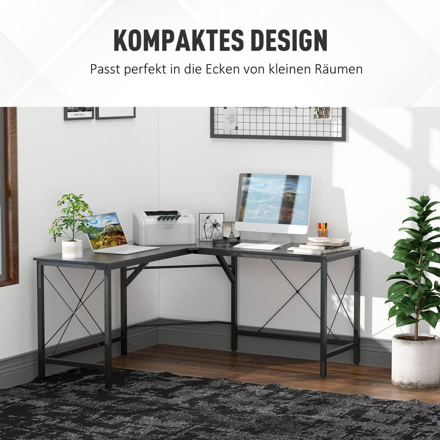HOMCOM L-Form Computertisch in Schwarz, moderner Winkelschreibtisch aus MDF und Stahl, B/T/H: 150 x 150 x 76 cm - Bild 2