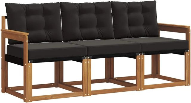 vidaXL Outdoor-Sofagarnitur 3-teilig aus massivem Akazienholz und Textilene in Natur und Schwarz mit Kissen - Bild 1