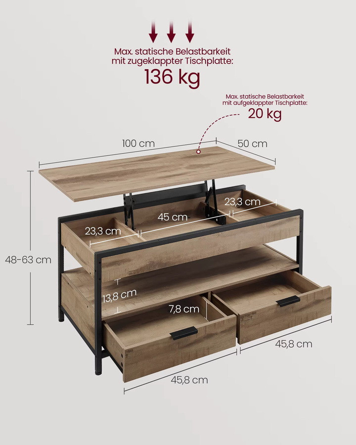 VASAGLE Couchtisch höhenverstellbar in Schwarz und Braun mit Schubladen und offenem Fach, B/T/H: 100 x 50 x 48-63 cm - Bild 4