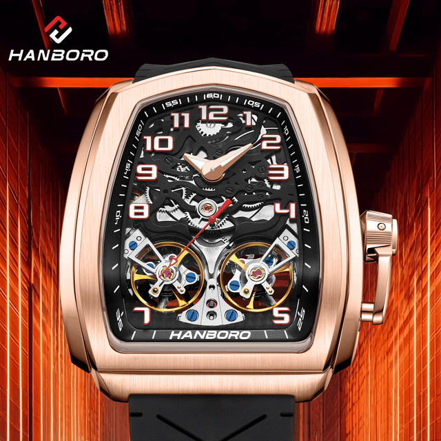 HANBORO Automatik-Armbanduhr, Roségold, Messing, Rotes Zifferblatt, Herren - Bild 1