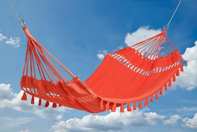 Hängematte Ibiza Tuchhängematte aus Baumwolle mit Fransen in Orange-Rot, B: 200 cm, H: 100 cm - Bild 1