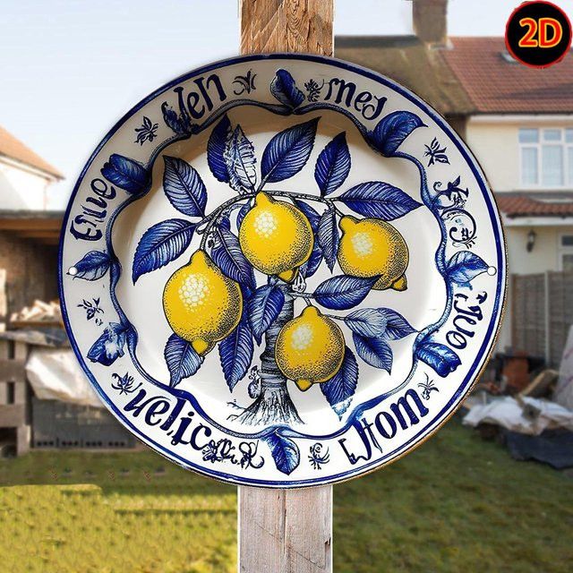 Handbemalte Aluminium Wandkunst Potdemiel mit Zitronenmuster in Blau und Weiß, Rustikaler Stil, B/B/H: 20 x 20 x 0,1 cm - Bild 1