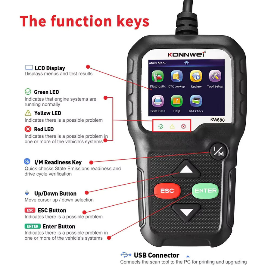 KONNWEI KW680 Auto OBD2 Fehlerdiagnose-Scanner mit Sprachfunktion, Kfz-Diagnosegerät und ELM327 Codeleser, Schwarz - Bild 4