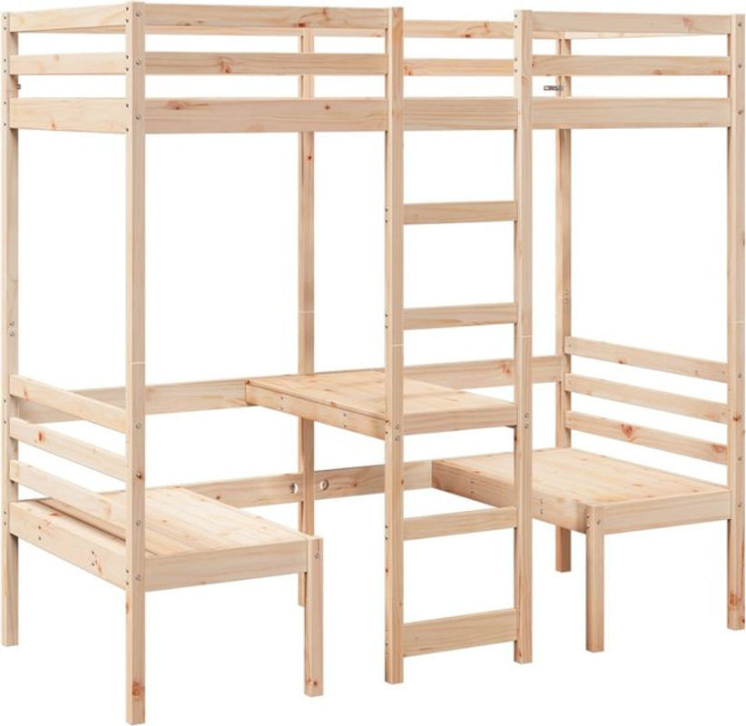 vidaxl Hochbett aus Massivholz Kiefer mit Schreibtisch und Stühlen, Farbe: Braun/Natur, B/T/H: 90 x 190 x 190,5 cm - Bild 1
