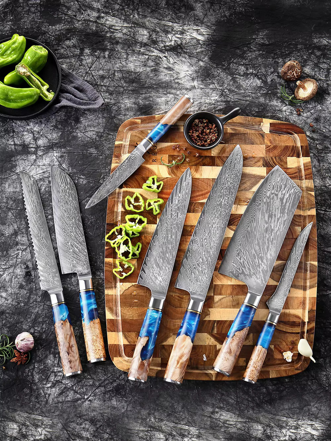 Xituo Japanisches Küchenmesser-Set aus Damaststahl mit blauem Harzgriff, 1-7-teilig - Bild 5