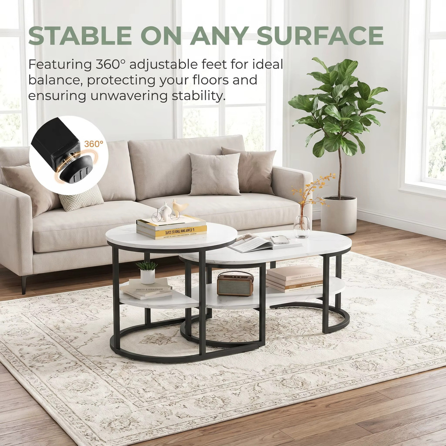 Superaly Couchtisch-Set mit 2 Tischen in Marmor-Optik, moderner 2-in-1 Sofatisch mit Stauraum, rund und oval, Schwarz und Weiß - Bild 2