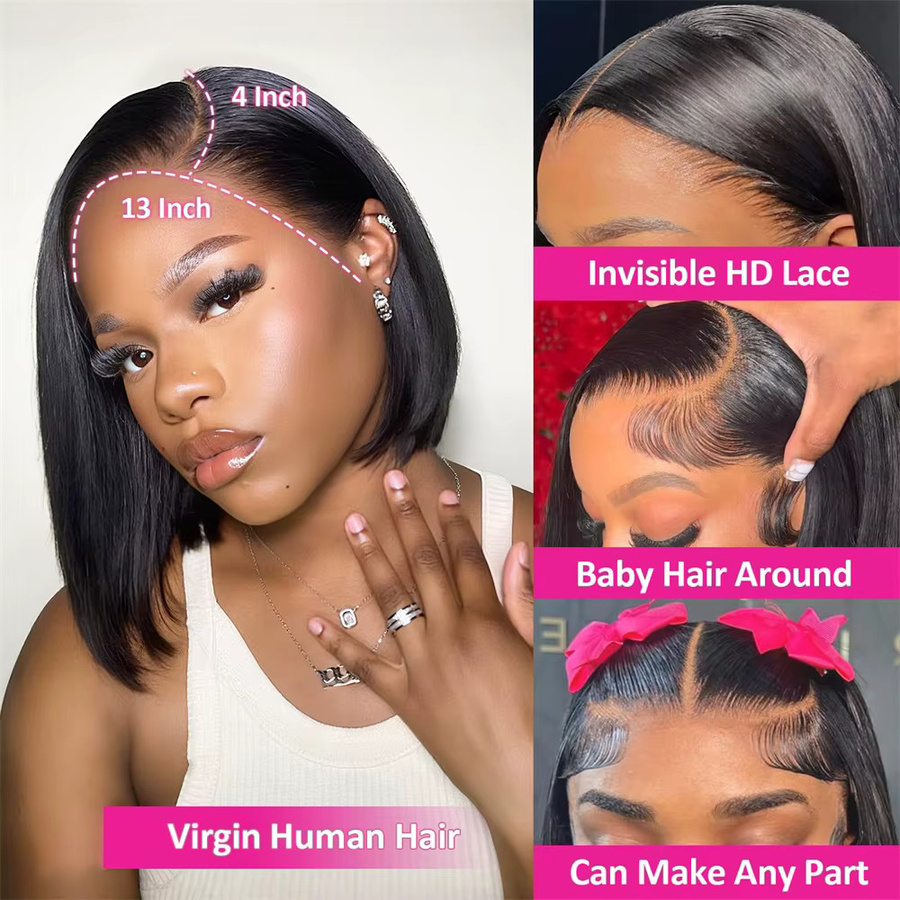 HALOQUEEN HAIR Bob-Perücke, Echthaar, HD-Spitzenfront, gerade, Damen - Bild 2