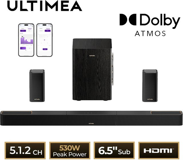 ULTIMEA Skywave Serie 5.1.2-Kanal Soundbar mit Dolby Atmos, Heimkinosystem mit kabellosem Subwoofer und App-Steuerung, Schwarz - Bild 1