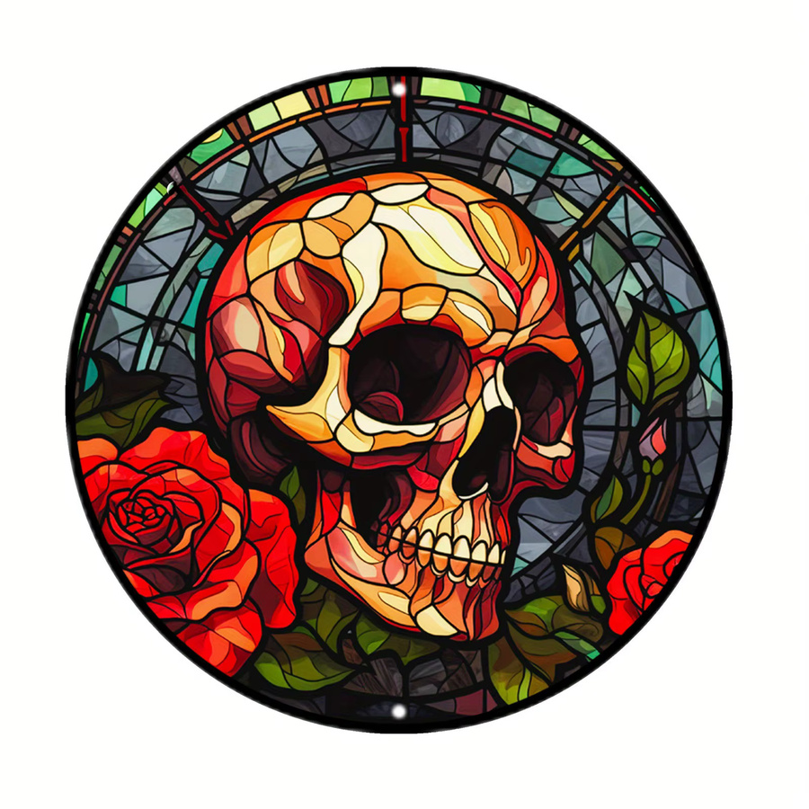 Potdemiel Rundes Aluminium-Metallschild mit Totenkopf und Rosen im Buntglas-Stil, Mehrfarbig, Durchmesser: 20 cm - Bild 6