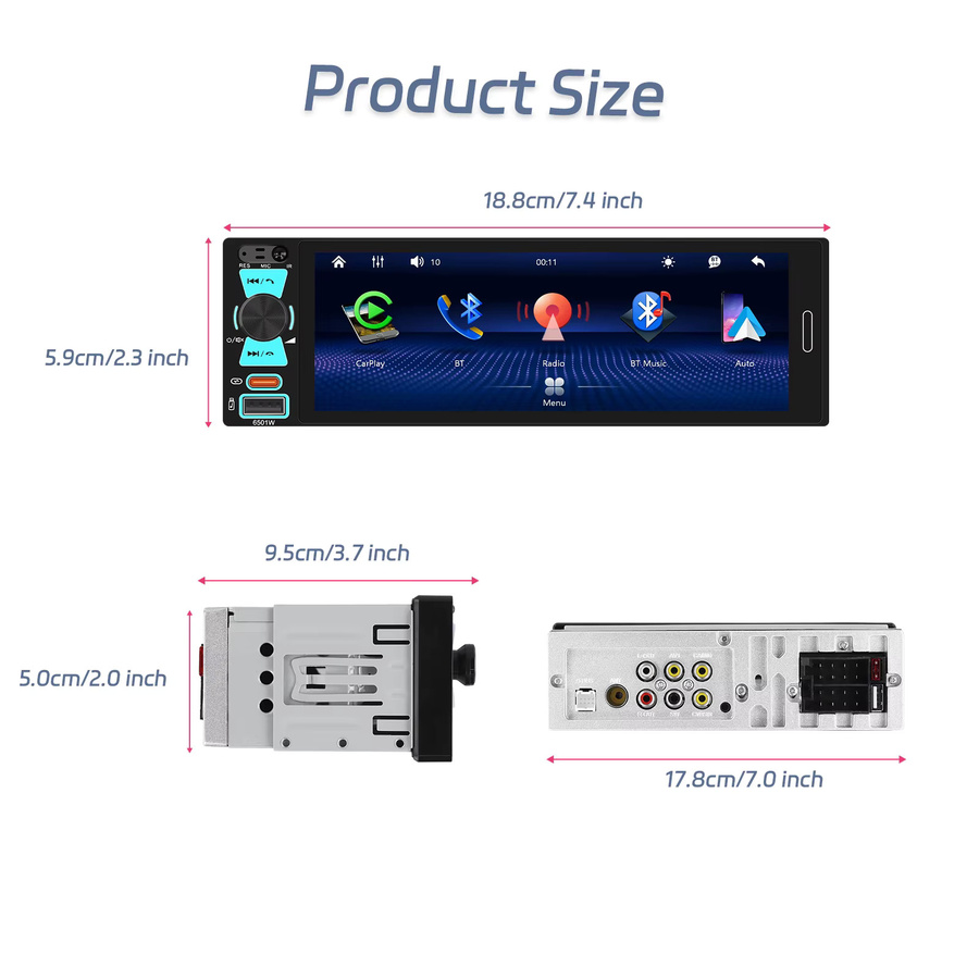 Podofo 1DIN Multimedia-Autoradio mit 6,5 Zoll Incell Touchscreen, Carplay, Android Auto und Mirror Link in Schwarz - Bild 6