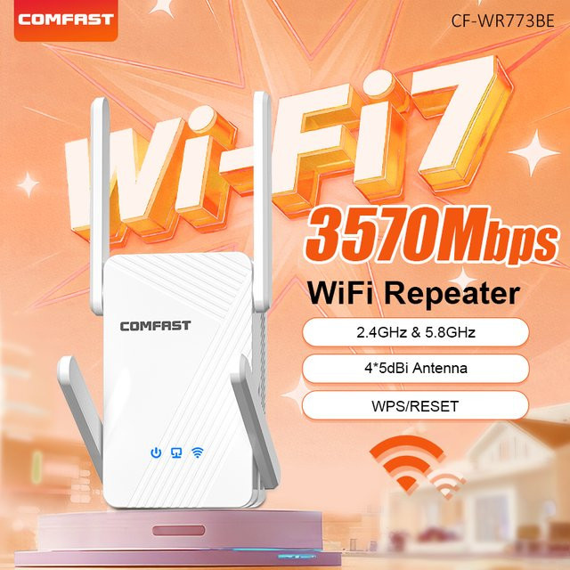 COMFAST Wi-Fi 7 WLAN-Repeater Dual-Band 2,4G/5G mit 3578Mbps, 1x 1000M RJ45-Anschluss und 4x 5dBi Antennen, Weiß - Bild 1