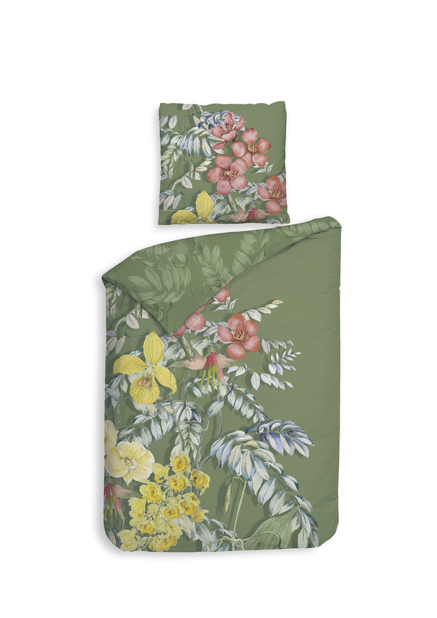 Heckett & Lane Mako-Satin Bettwäsche mit floralem Tropic-Design in Grün und Gelb, bestehend aus Bettbezug und Kissenbezug, B/H: 135 x 200 cm und 80 x 80 cm - Bild 1