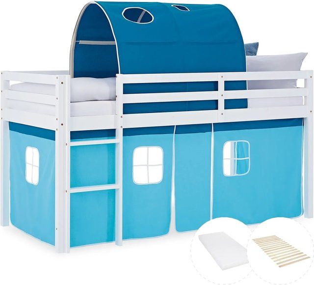 Homestyle4u Kinder Hochbett aus Kiefernholz mit Matratze, Tunnel und Vorhang, Blau, B/T/H: 90 x 200 x 207,5 cm - Bild 1
