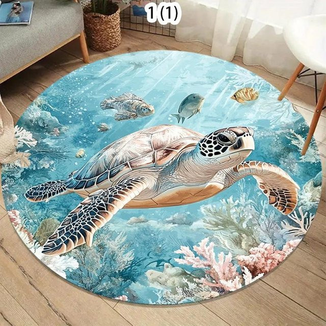 Runder Teppich mit Unterwasserwelt und Meeresmotiven von ZbrFifteen, buntes Design mit Schildkröten und Fischen für das Kinderzimmer, Durchmesser: 80 cm - Bild 1