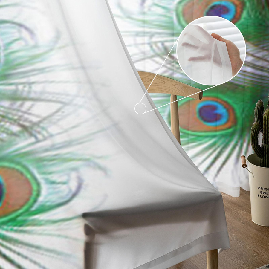 Transparente Voile Tüll Gardinen mit Pfauenfeder-Design in Multicolor, Breite: 135 cm, Höhe: 114 cm - Bild 2