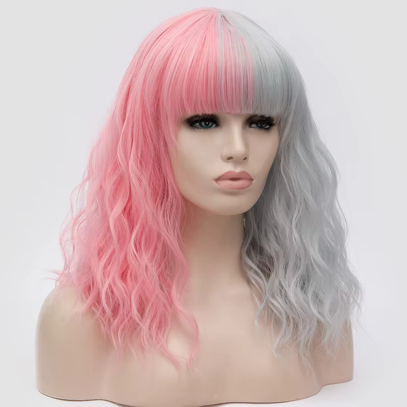 shyred Synthetische Perücke mit Pony, kurz, gewellt, zweifarbig, rosa, Ombre, grau, Damen - Bild 2
