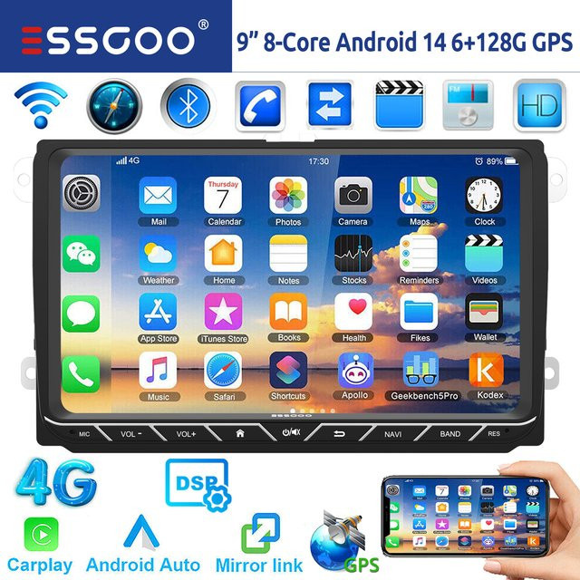 ESSGOO 9 Zoll Android 14 Autoradio mit 6+128GB Speicher, 8-Kern Prozessor, CarPlay, Bluetooth, GPS, WiFi und 4G LTE für VW Golf 5 6, Passat B6 B7, Polo 6R, Touran, Tiguan, Caddy, EOS, Jetta, T5, Seat und Skoda in Schwarz - Bild 1
