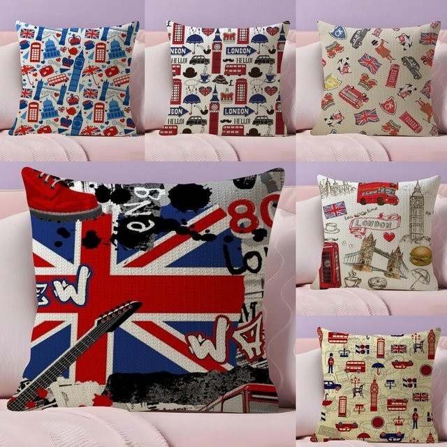 LOVE England Bedruckter Kissenbezug aus Bio-Naturleinen, quadratisch, Weiß/Mehrfarbig, Breite: 30 cm, Höhe: 30 cm - Bild 1