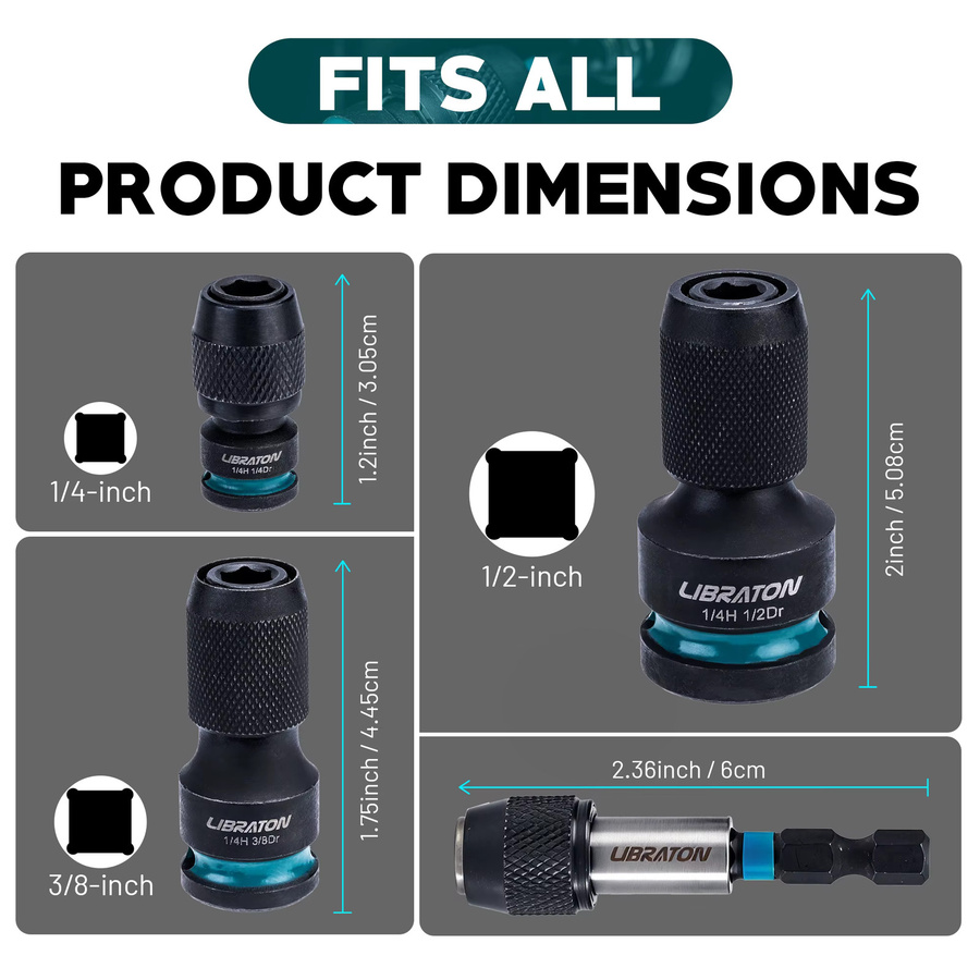 LIBRATON 4er Set Impact Hex Konverter Universal Schlagschrauber Adapter in Schwarz, 1/4 Zoll, 3/8 Zoll und 1/2 Zoll mit Innensechskant und Schnellwechsel-Funktion - Bild 5