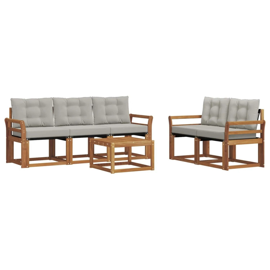 vidaXL 6-teilige Outdoor-Sofagarnitur aus massivem Akazienholz und Textilene in Natur und Grau mit Kissen - Bild 2