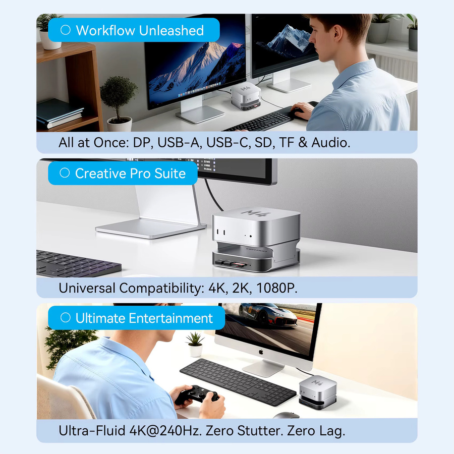 Vention USB Hub Dockingstation für Mac Mini M4 M4 Pro mit DP 4K@240Hz, USB 3.2 10Gbps, M.2 NVMe SSD Slot, SD/TF Kartenleser und 3,5mm Klinkenanschluss - Bild 4