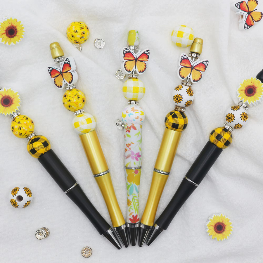 9 Stück bunte DIY-Kugelschreiber mit Sonnenblumen, Schmetterlingen und Perlen in Mehrfarbig - Bild 2