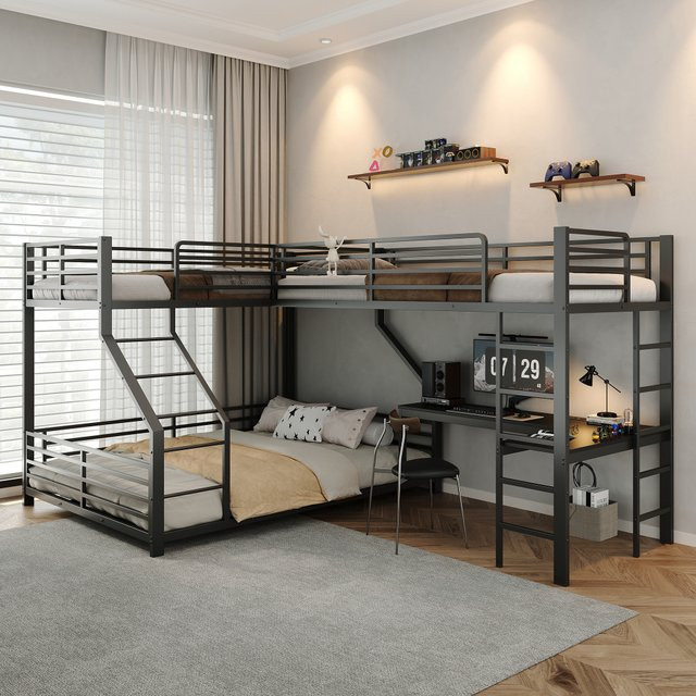 Mehrpersonen-Dreifach-Hochbettgestell aus schwarzem Metall mit integriertem Schreibtisch und USB- sowie Typ-C-Ladeanschluss, B/T/H: 90 x 200 cm & 140 x 200 cm Schlafplätze - Bild 1