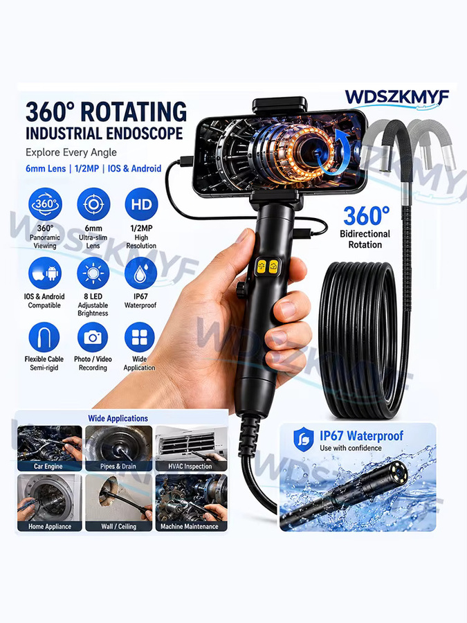 Rotierendes Endoskop mit 360-Grad-Kommunikation und 1080P-Kamera, wasserdichte 6mm Sonde mit Licht für Android und iOS, Schwarz - Bild 5