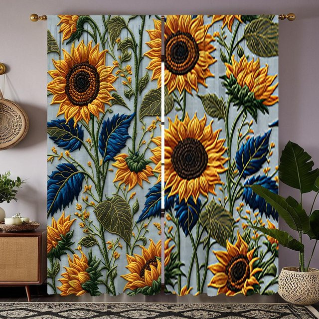 2er Set dekorative Sonnenblumen Vorhänge mit Stickerei in Gelb und Schwarz, B: 132 cm, H: 160 cm - Bild 1