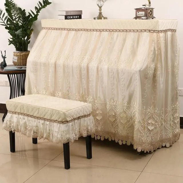 Super Six Klavierhocker-Abdeckung aus Spitze in Beige mit Herz-Stickerei, B/T: 56 x 36 cm - Bild 1